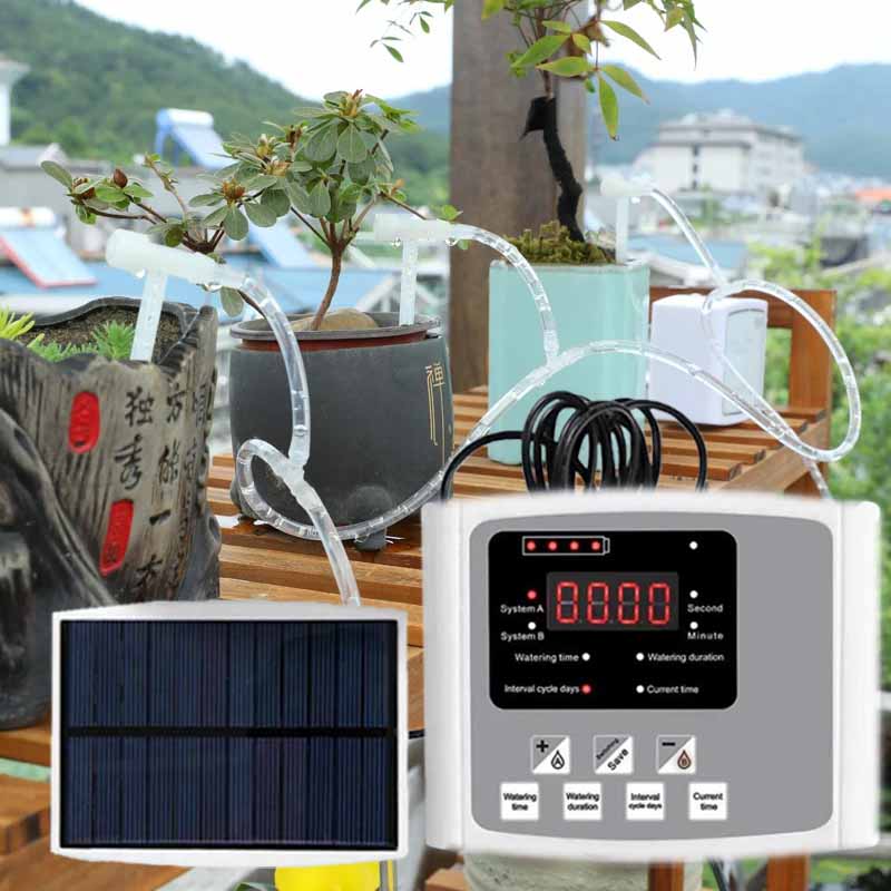 Renewable Energy Kits - อุปกรณ์รดน้ำหยดพลังงานแสงอาทิตย์อัตโนมัติ ปั๊มคู่ วาล์วปรับได้ ระบบตั้งเวลาควบคุมอัจฉริยะ สำหรับรดน้ำสวน