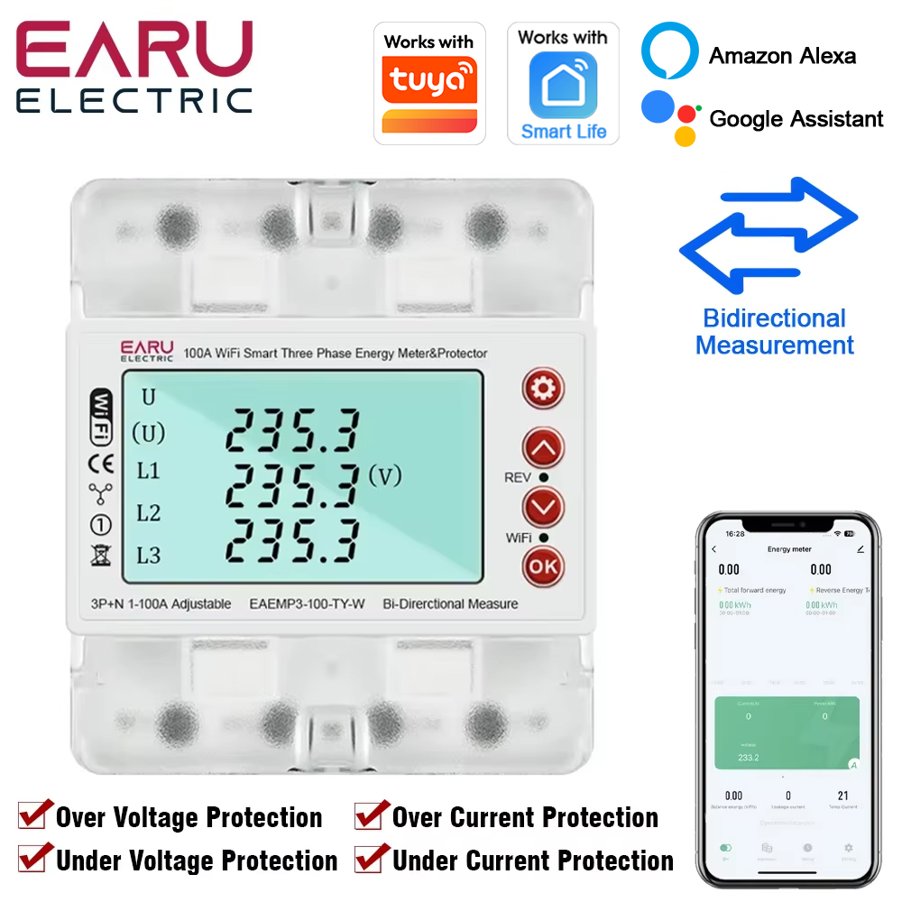 Ac Surge Protector - มิเตอร์วัดพลังงานไฟฟ้าแบบสองทิศทางอัจฉริยะ Tuya WiFi สามเฟส EARU พร้อมรีเลย์ป้องกันแรงดันไฟฟ้าเกิน/ต่ำ